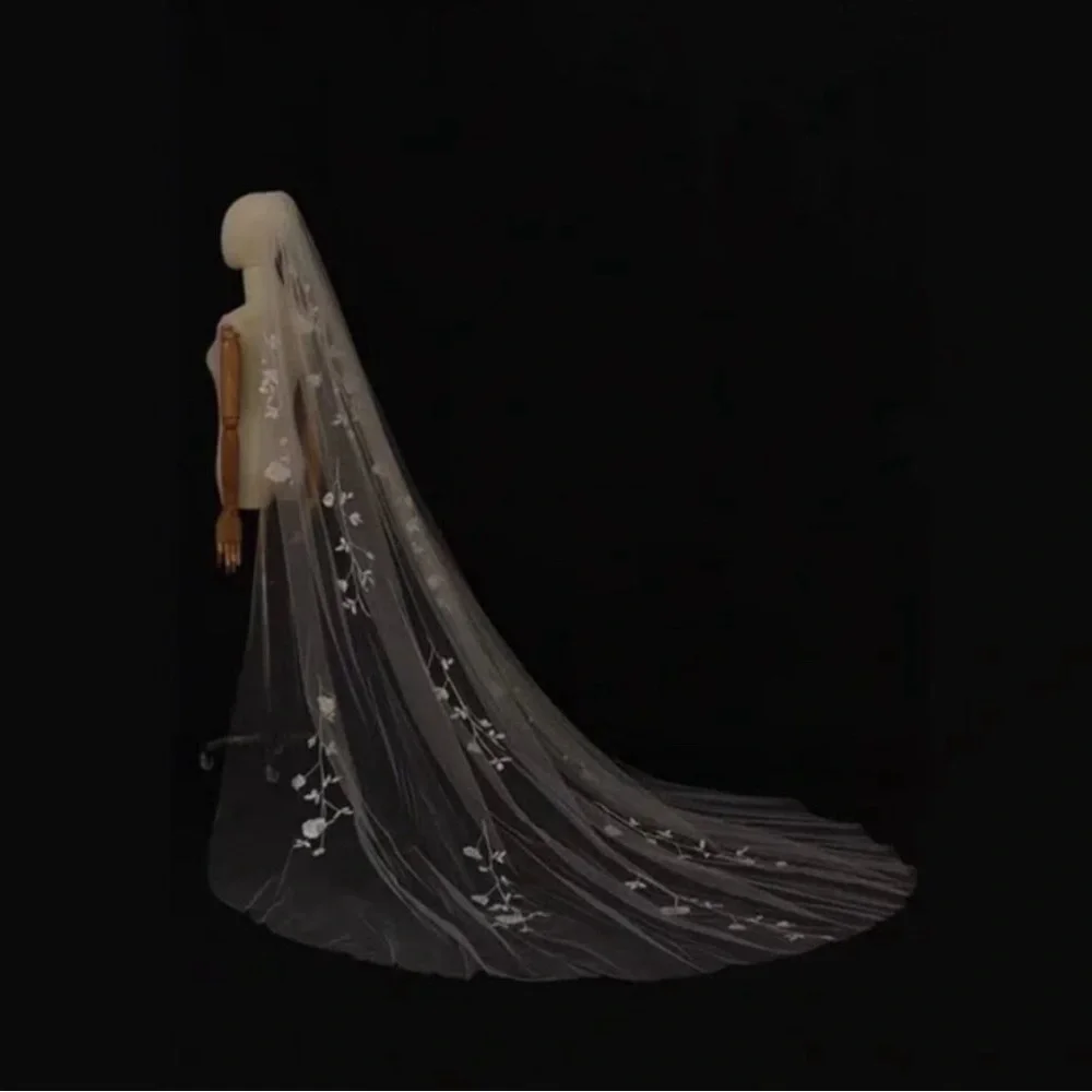 Bridal Long Veil with Floral Embroidery - Ivory